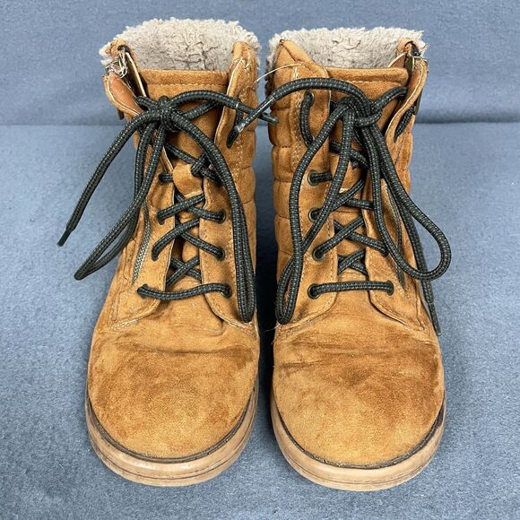 Steve Madden Girls US 3 Brown Leather Faux Shearling Collar Lace Up Snow Boots - Picture 4 of 13